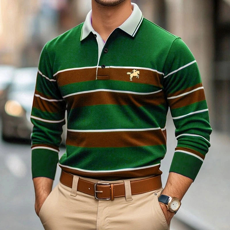Simple Fashion Striped Polo Shirts For Men Trendy Autumn Long Sleeve Lapel Button Golf Polo Shirt Casual Oversized Tees Tops