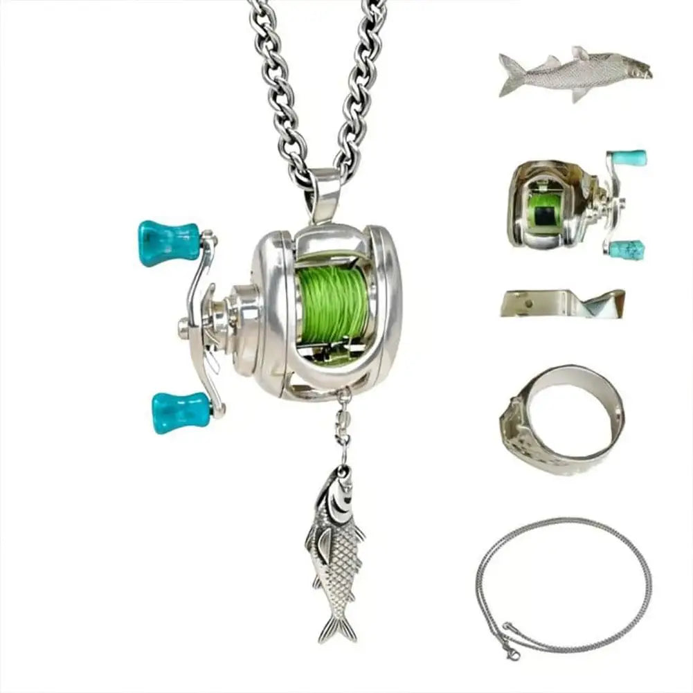 Mini Fishing Reel Jewelry Set Fashion Fishing Reel Necklace For Men Women Rotatable Funny Personalized Fishing Pendant Necklace