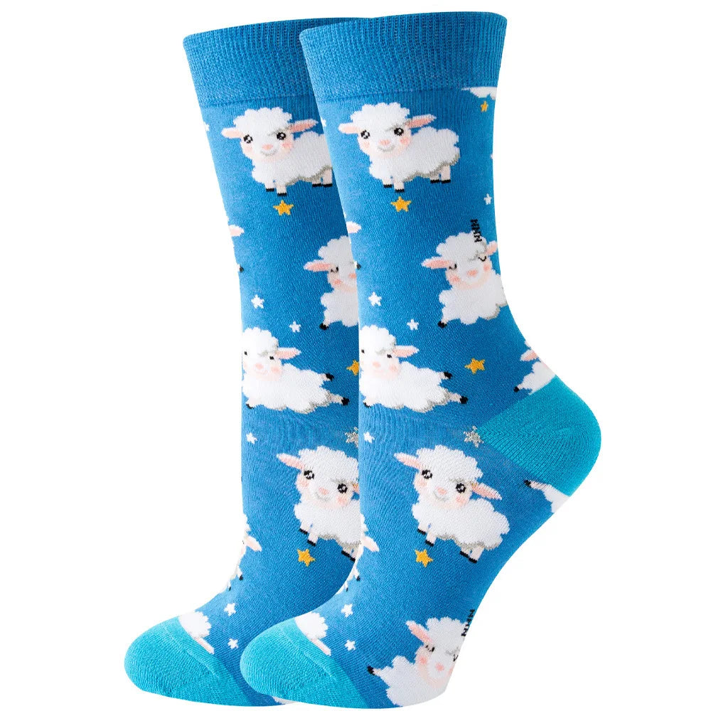 Women Socks Cartoon Animal Cute Printing Kawaii Calcetines Funny Sheep, Rabbit, Hedgehog, Flamingo, Seahorse Colour Socks