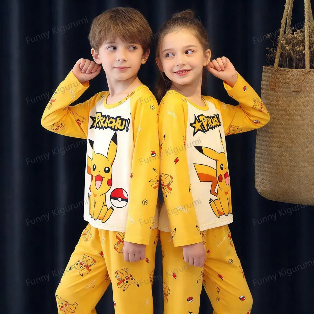 Cartoon Pijamas for Kids 3 to 5 7 9 11 13 Years Clothing Sets Boys Home Wear Girls Full Sleeve Pikachu Pajamas Teen Loungewear