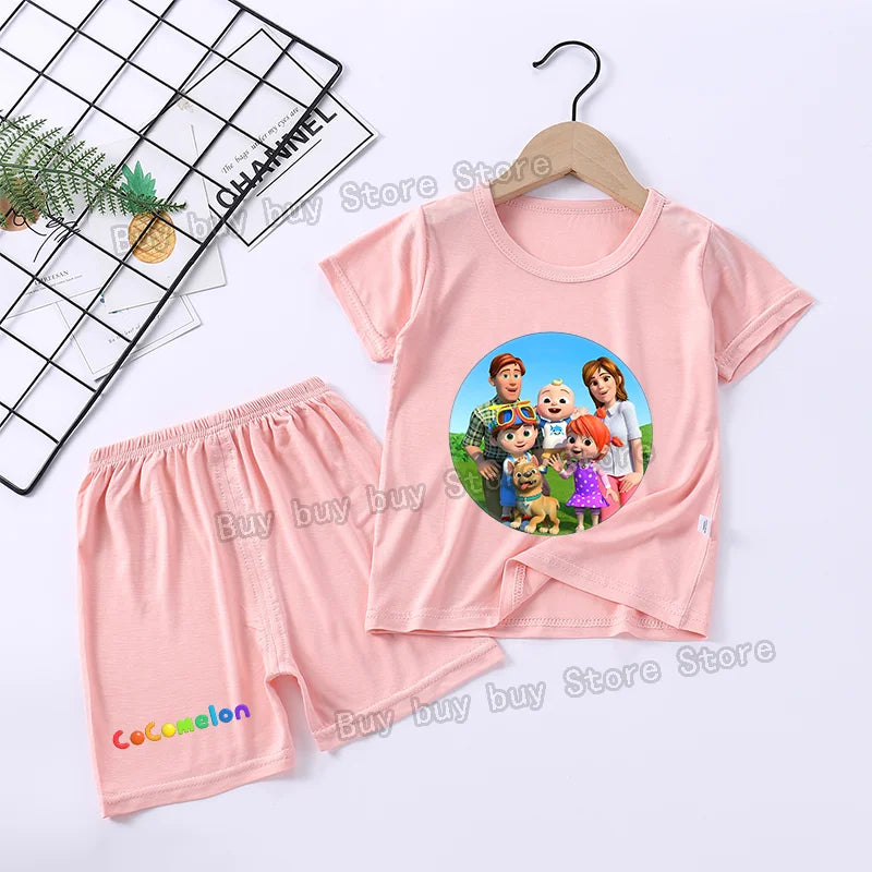 Cocomelons Pajamas Suit Kids Boys Girls Nighty Wears Cool Summer Loungewear Short Sleeve T-shirt Shorts 2pcs Soft Birthday Gift