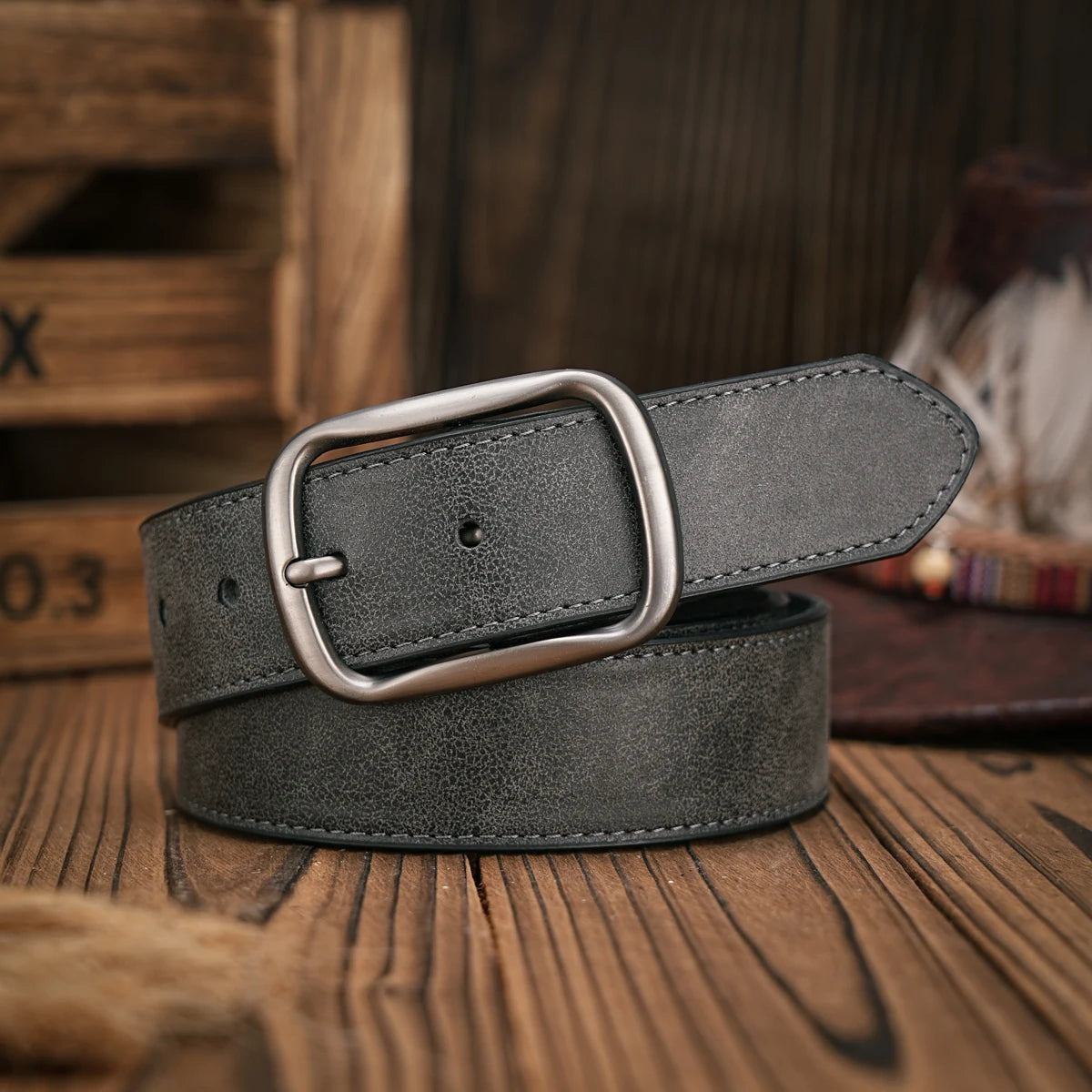 Men - Women - Western Denim - PU Leather - Belt - Vintage Jeans with Carved Buckle Brown Belt