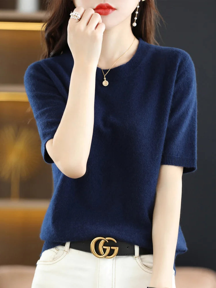Short Sleeves Women's Sweater O-neck Bottoming Shirts Solid Spring Summer Korean Fashion Sweater Knit Top Casual Basic Pullovers
