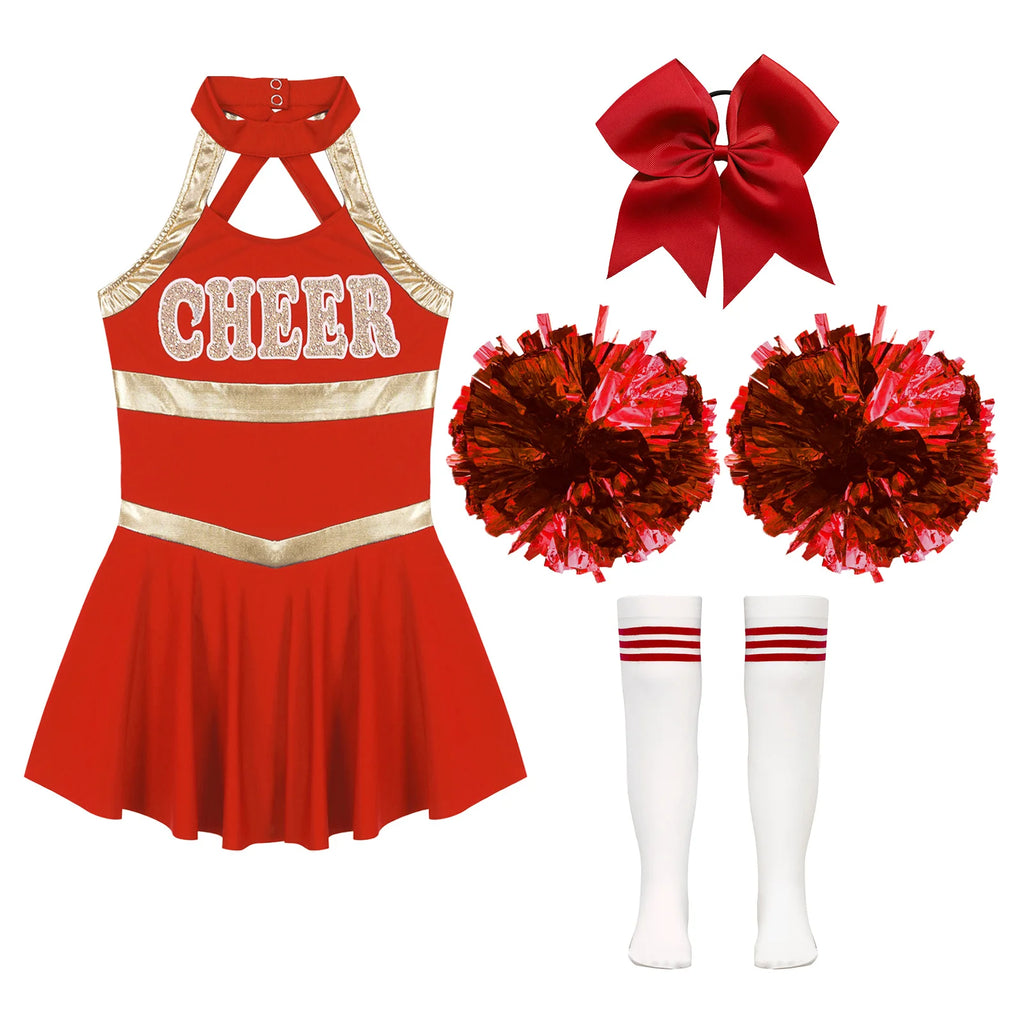 Kids Girls Cheerleading Costumes Childs Sleeveless Dress Hand Flowers Striped Socks Dancewear Sets Schoolgirl Cheer Dance Suits