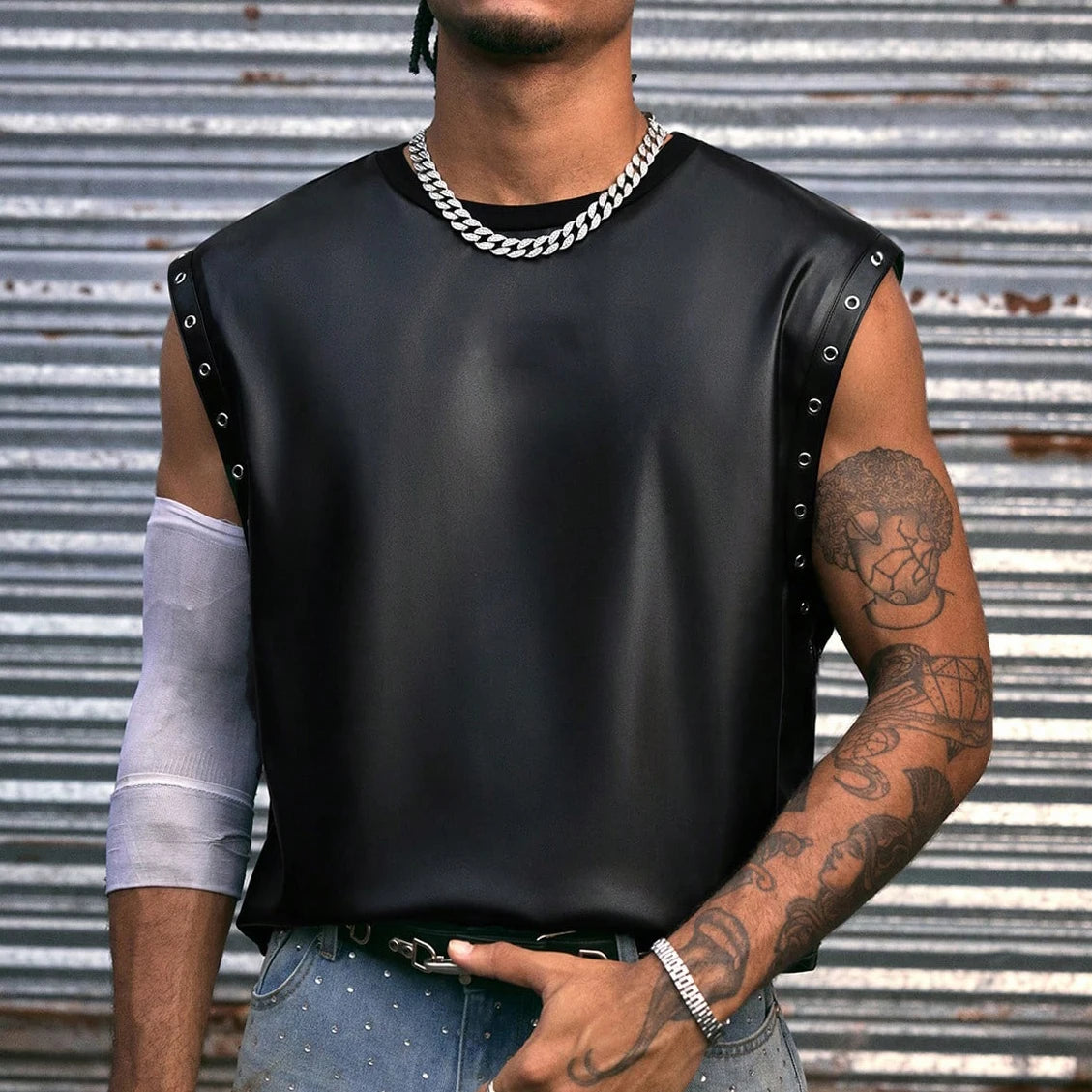 Men's Leather Vest Fashion PU Leather T-Shirts Biker's Tank Tops Streetwear Superior Quality