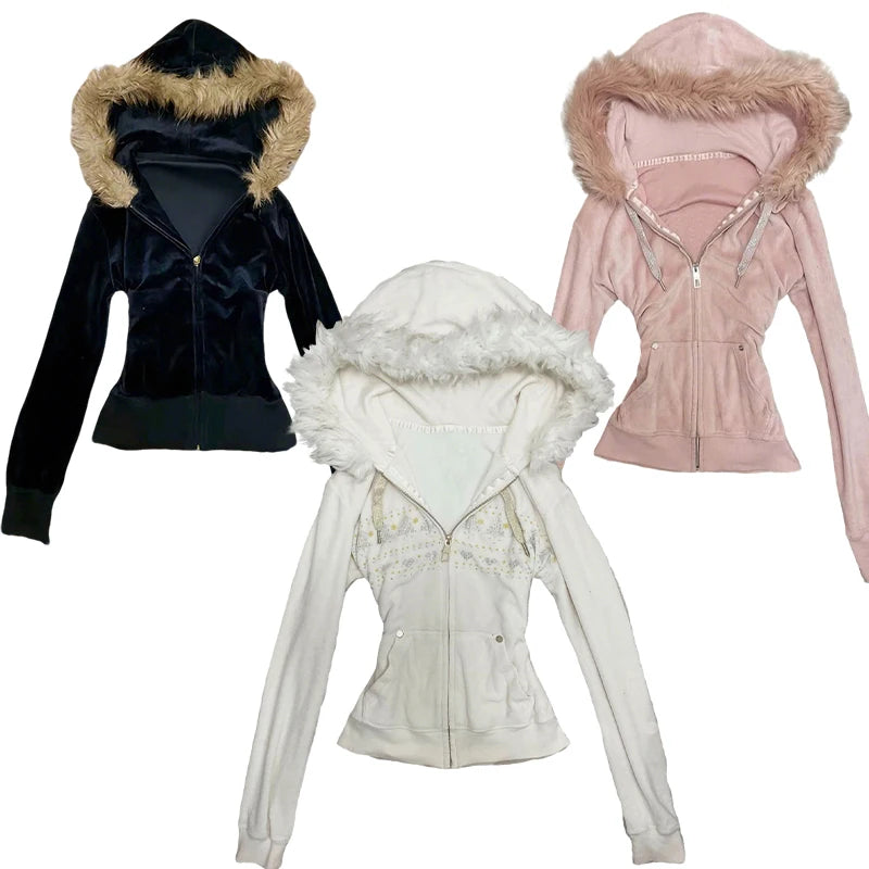 Street vintage Harajuku Autumn Winter riveted cool girl Gothic zipper hoodie coat Punk plush hat warm Y2K short cardigan jacket