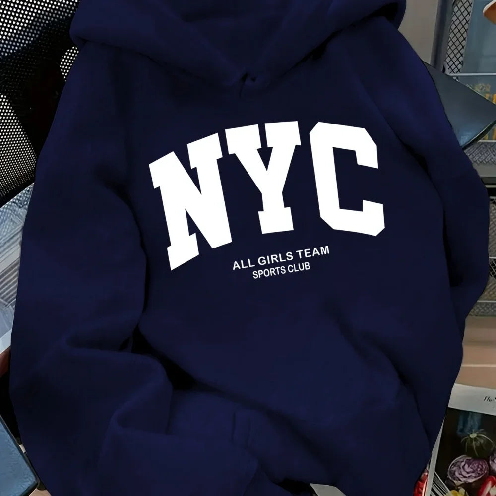 New Fall/Winter Comfortable Navy Blue New York Team Hoodie - Long Sleeve, Couples' Street Style Hoodie, Casual Pullover with POC