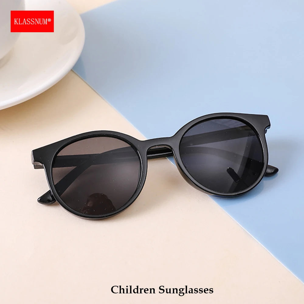 KLASSNUM Kids Trendy Black Color Round Frame Sunglasses Vintage UV400 Lens Classic Sun Glasses for Children Boys Girls 2-8 Years