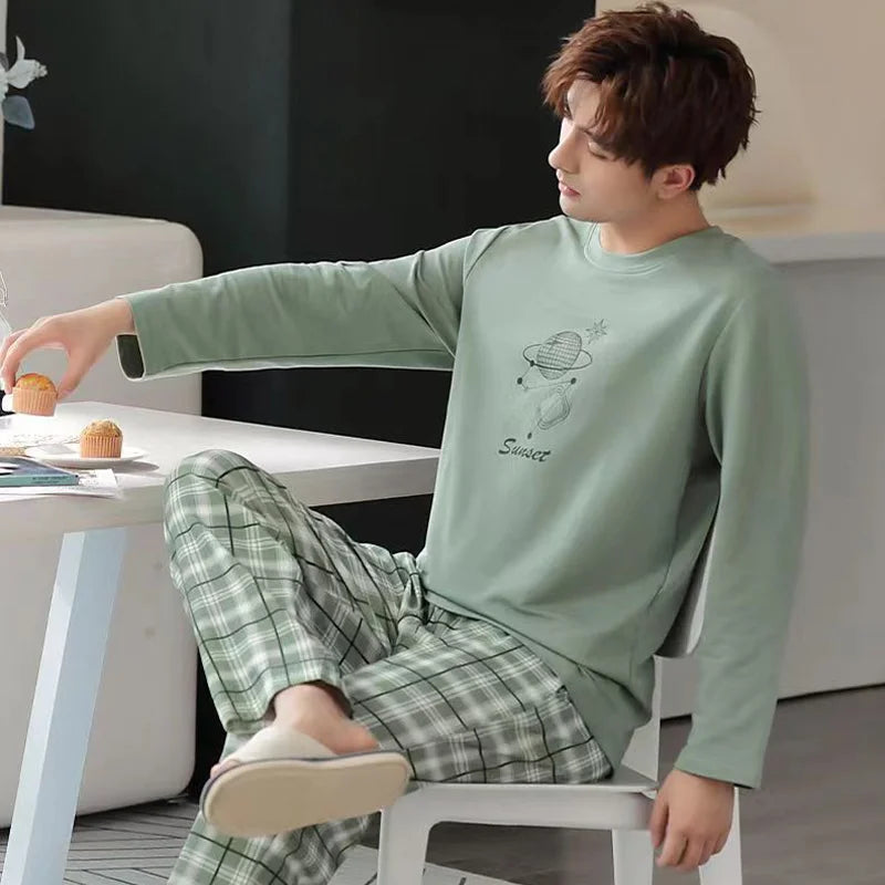 Men's Casual Pyjamas - Long-Sleeved Spring/Autumn Homewear Lightweight Pyjama Set for Young and Middle-Aged Men in Autumn/Winter