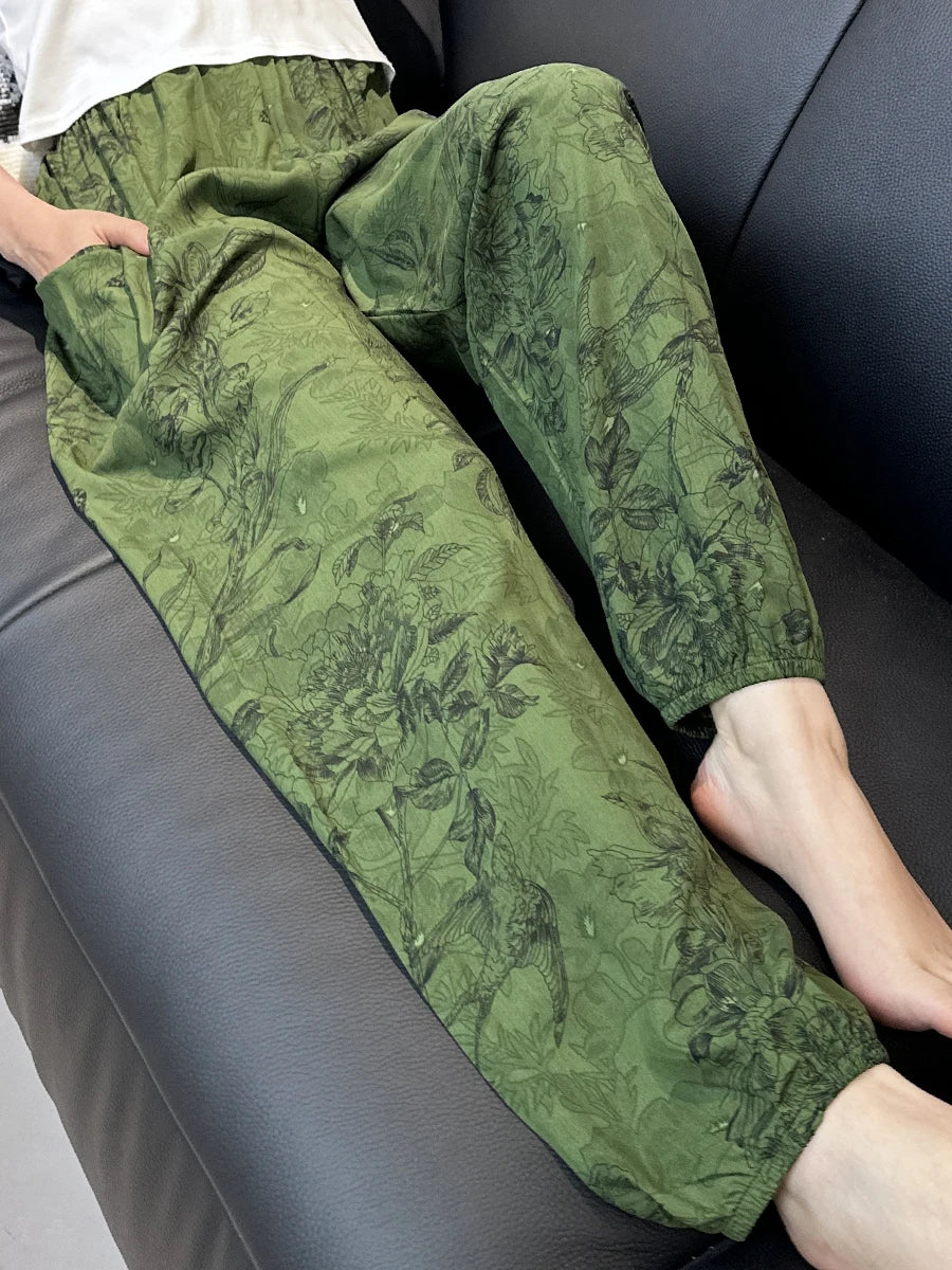 Cool Summer New Silk Cotton Spwear Loose Women's Wide Leg Pants Home Wear Floral Print Heat Resistant Comfortable Casual T...