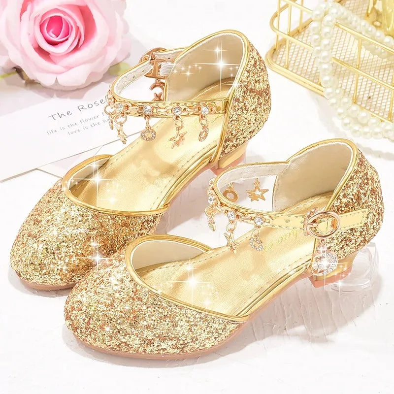 Dancing Shoes Due To Gold for Girls Glitter Shoes Heels Girls Princess Flowergirl Dresses Golden Girl Child Shoe for Wed
