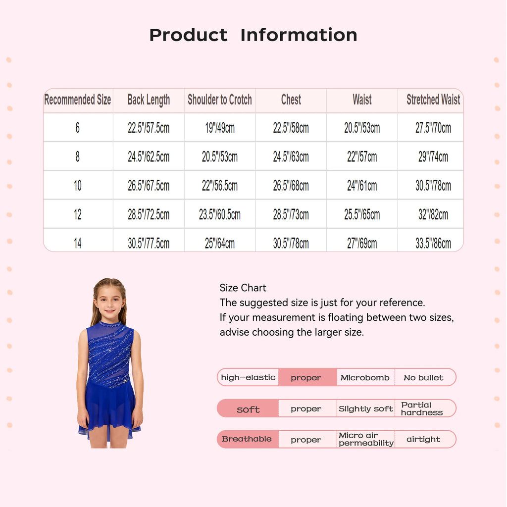Kids Girls Lyrical Dance Dress Sleeveless Sheer Mesh Patchwork High-Low Hem Ruched Shiny Rhinestone Leotard Dress Ballet Dresses