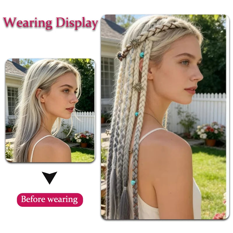 Wig with 4 small braids and hair extensions for women paired with Bohemian style BB clip on synthetic boxing braids