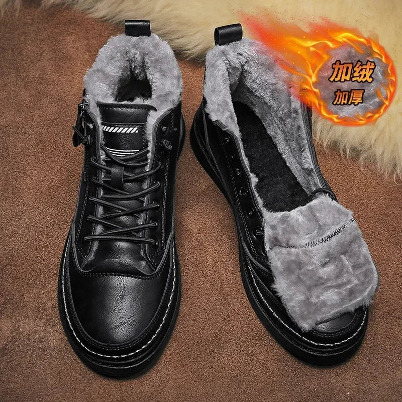 Leather Men's Boots  Platform Warm Fur Ankle Short Lace Up Fashion Novelty Concise Casual Work Shoes Botas 2024