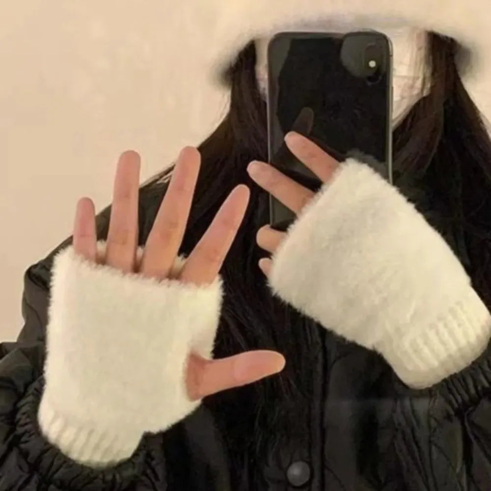 1Pair Warm and Cold-proof Half-finger Gloves for Women in Autumn and Winter, Versatile and Plush, Cute Office Half-finger Gloves