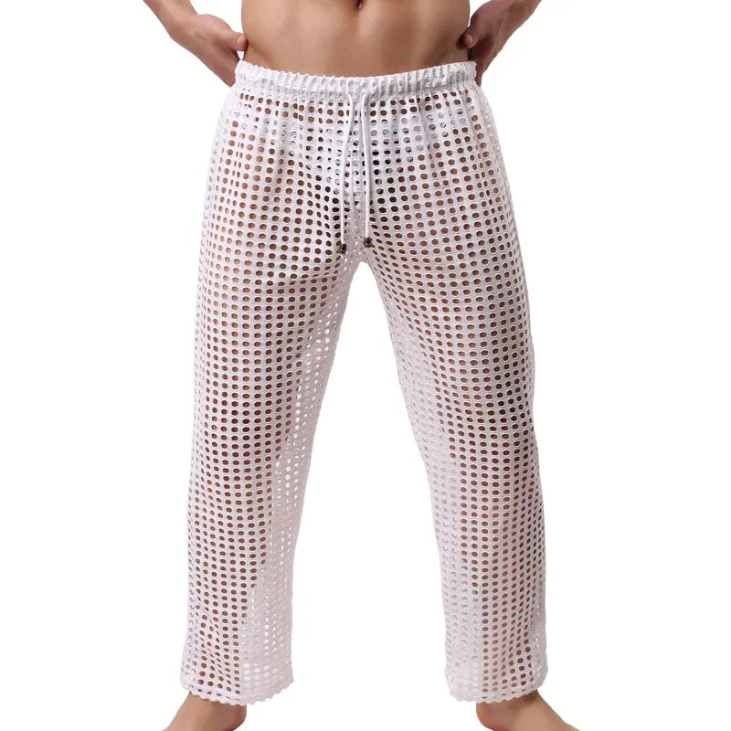 Mens Pajamas Sexy Mesh See Through Long Pants Sleepwear Fishnet Hollow Out Fitness Trousers Sleep Bottoms Sexy Underwear