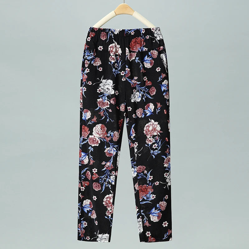 Summer Thin Nine Points Ice Silk Loose Straight Leg Pants High Waist Floral Design for Mom And andma Comfortable Casual Tro...