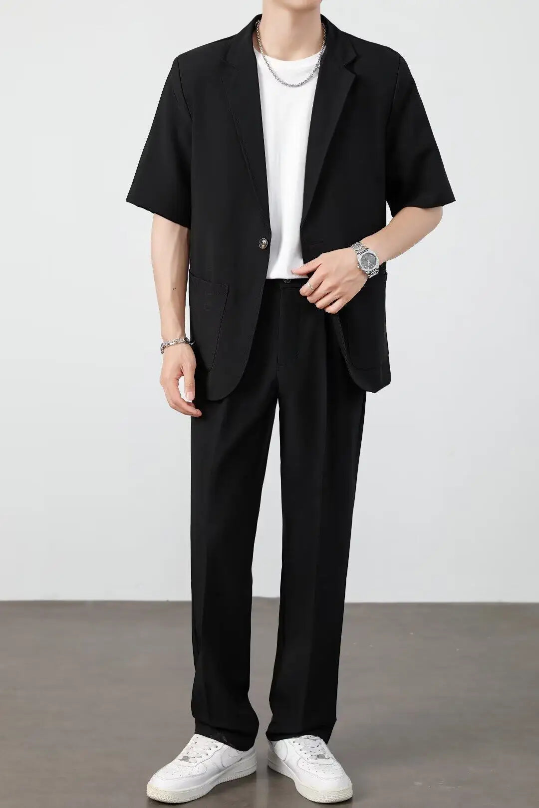 Men's Casual Half Sleeve Suit Jacket Polyester Fiber Breathable round Hemline Single Button Closure Standard Fit Adult Wear