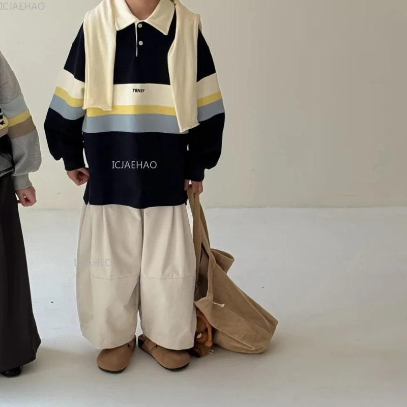 Kids Hoodie Autumn Boys Girls Children Korean Style Wide Stripes Letter Print Casual Loose Pullover Collar Sweatshirt Costume