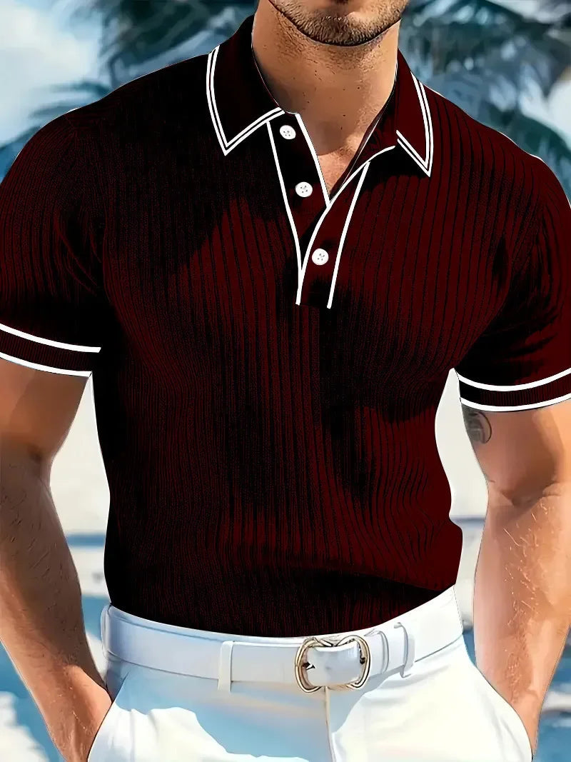 New Men's Short Sleeved Summer Color Blocked Striped Lapel Polo Shirt for Summer