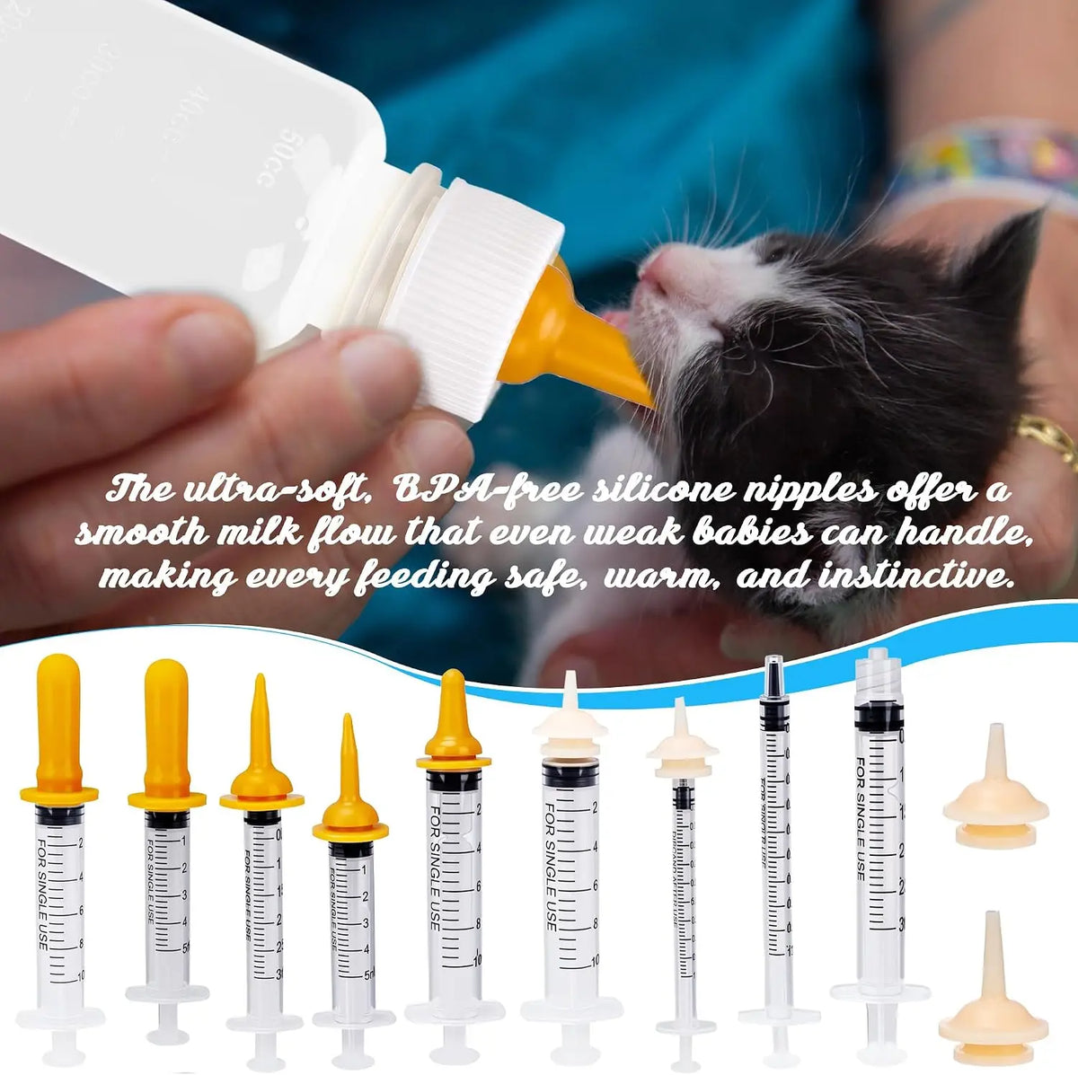 23 pet feeding sets: contains 50 ml bottle and syringe, nipple, measuring cup, cleaning brush, suitable for puppies and kittens