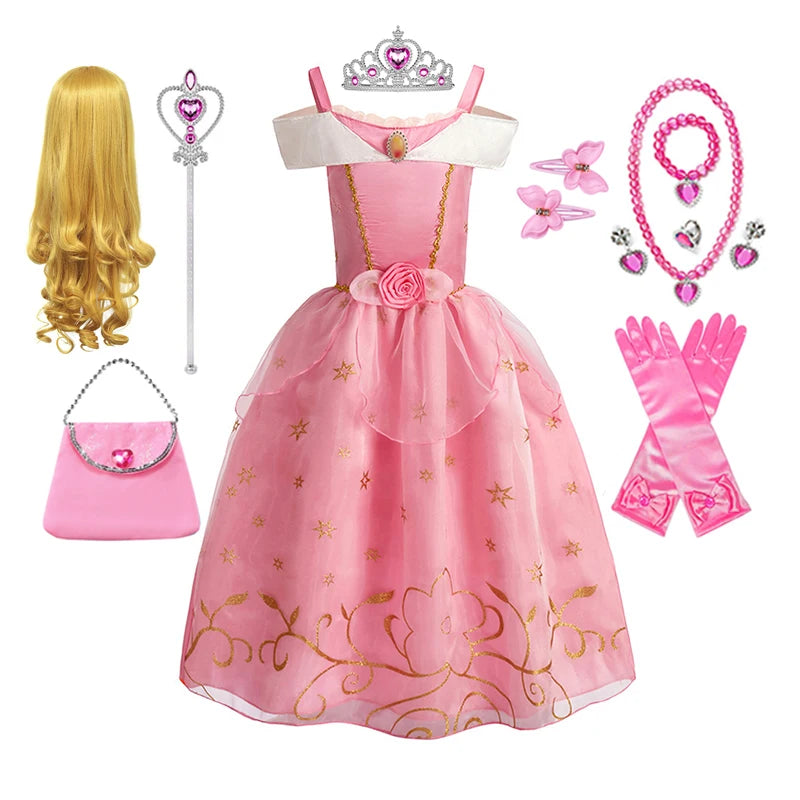 Kids Girls Fairytale Princess Fancy Dress Pink Embroidered Tulle Cosplay Outfit for Halloween Carnival Birthday Daily Wear