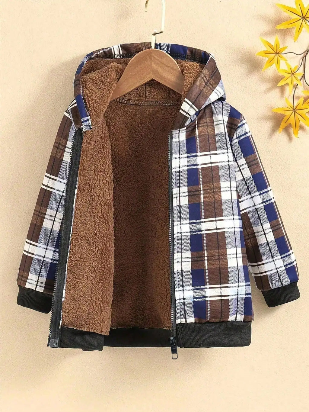 Children's Hooded Jacket Autumn Winter Casual Elegant Fleece Plaid Zipper Long Sleeved Top for Kids