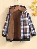 Children's Hooded Jacket Autumn Winter Casual Elegant Fleece Plaid Zipper Long Sleeved Top for Kids