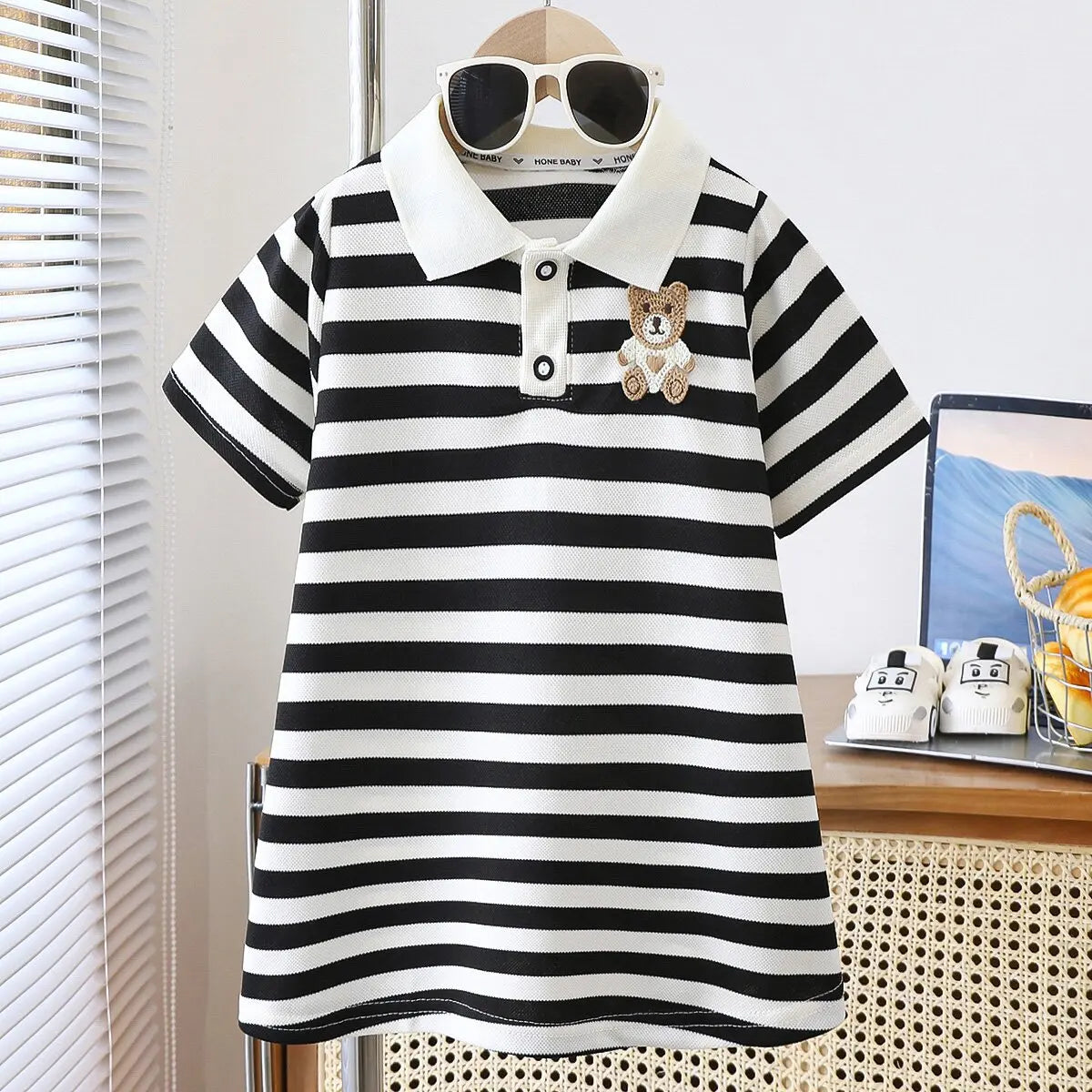 2025 New Children's Dress Girls' Summer Korean Edition Fashion Casual Striped Collar Short sleeved Dress1-10Y