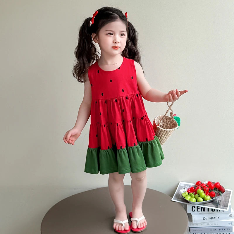 Little Girls Dress Kids Classic A-Line Dress With Watermelon Design Child Summer Sleeveless Dress Baby Girls Outfit Size 2-11Y