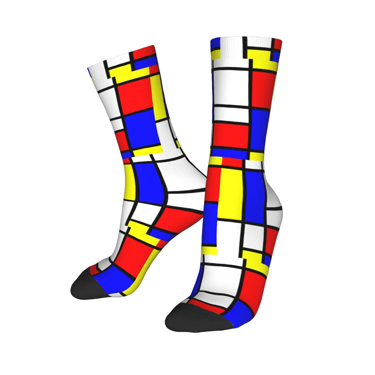 Custom Color Art Retro Mondrian Men Women Crew Socks Unisex Fashion 3D Printed Abstract Art Plaid Dress Socks