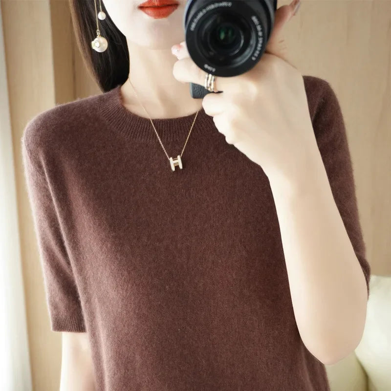 2025 Spring Summer Womens Sweater Short Sleeve O-neck Slim Fit Knitted Pullovers Bottoming Casual Knitwear Camel Pink Clothes