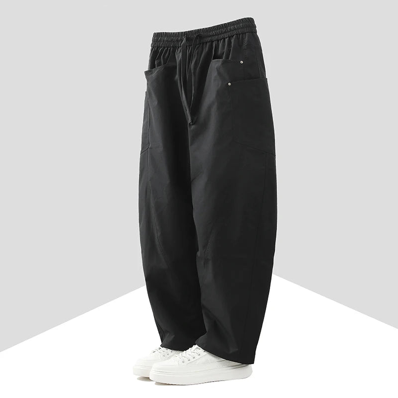 Fashion Men Drawstring Waist Cargo Pants Men Spring Straight Airplane Pants Man Multi Pocket Outdoor Hiking Workwear Trousers