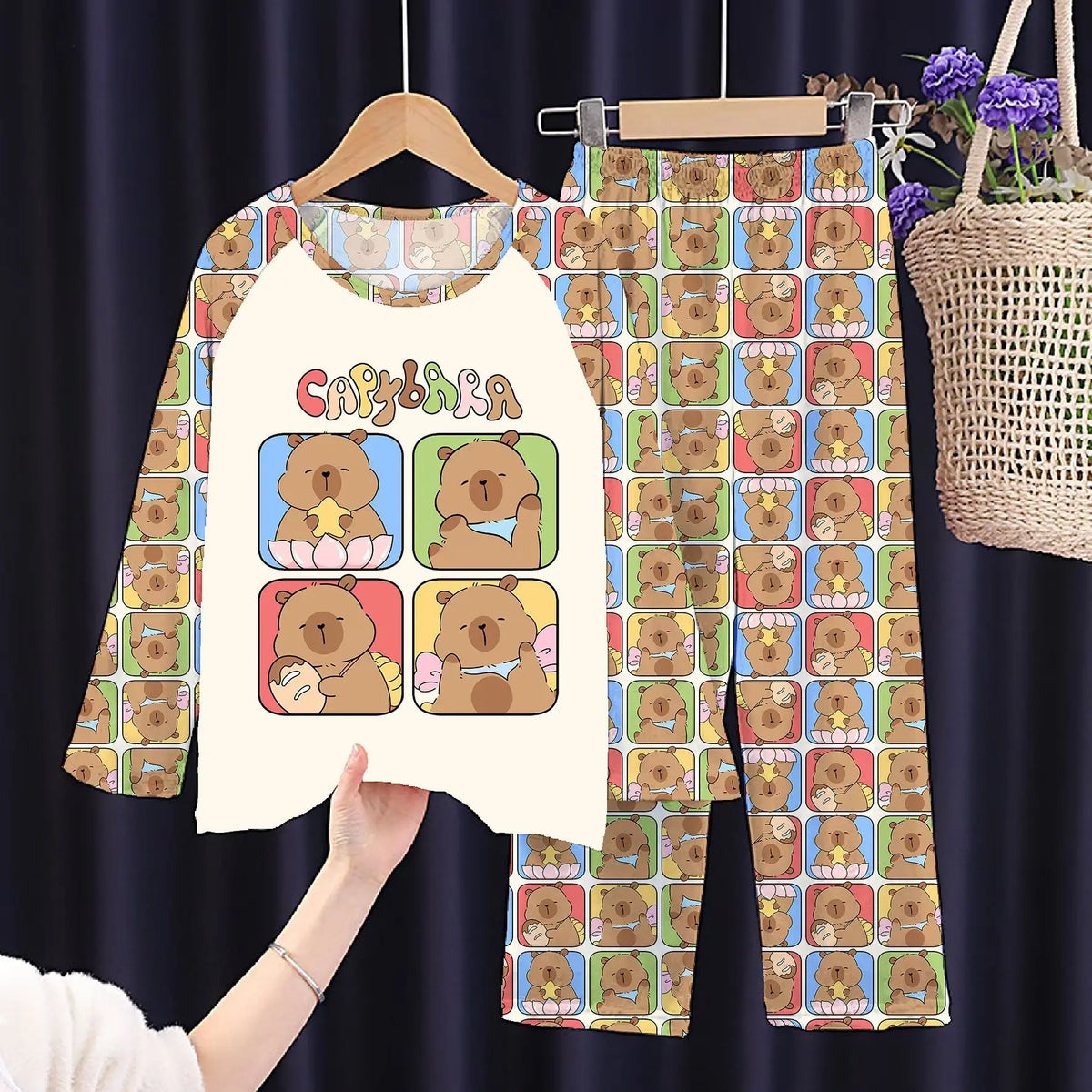 Capibara Kids Pajama Sets Long Sleeve Loungewear with Cute Animal Print Soft Sleepwear for Boys Girls Cartoon Sleepwear Outfit