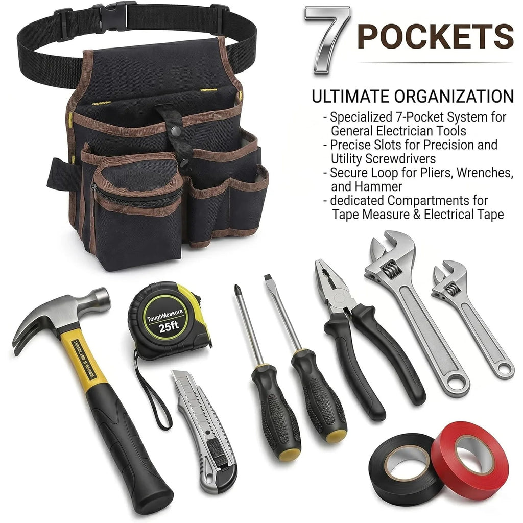Tool Belt, Electrician Tool Pouch, Adjustable Tool Belts for Men Women, Utility Belt with Hammer Holder, Multi-Pocket Organizer