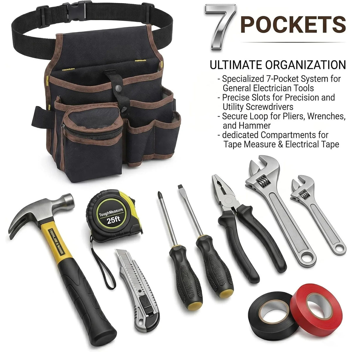 Tool Belt, Electrician Tool Pouch, Adjustable Tool Belts for Men Women, Utility Belt with Hammer Holder, Multi-Pocket Organizer