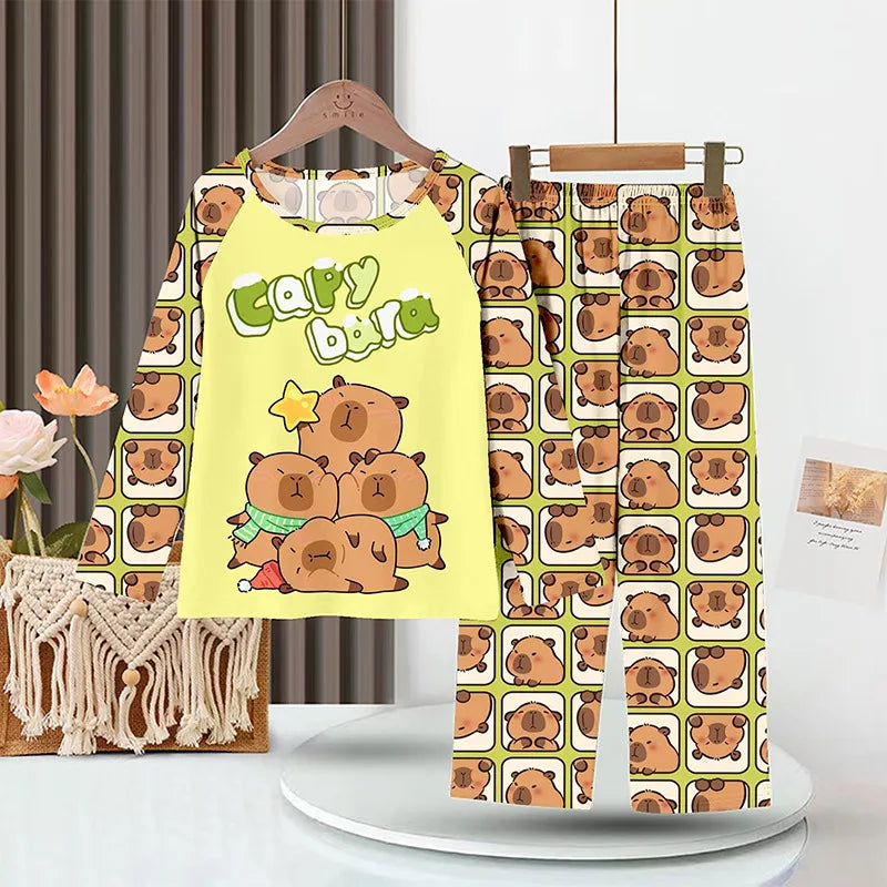 Capibara Kids Pajama Sets Long Sleeve Loungewear with Cute Animal Print Soft Sleepwear for Boys Girls Cartoon Sleepwear Outfit