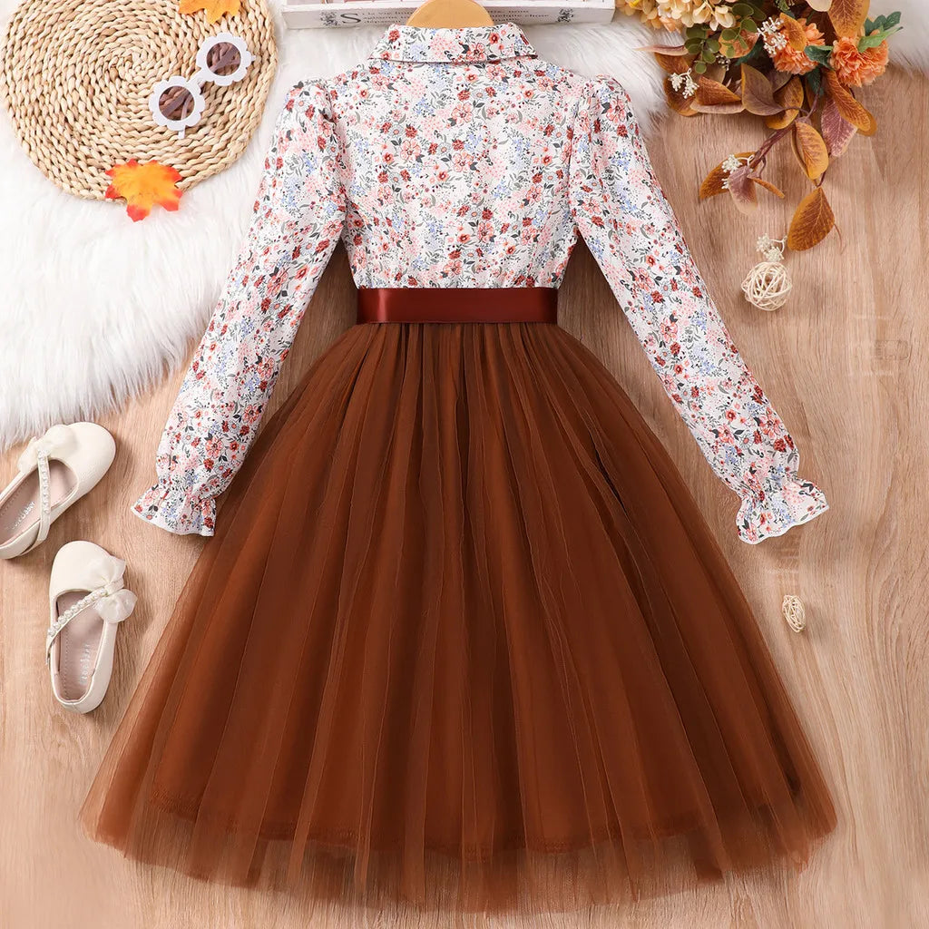 Kids Girl Black Dress Summer Long Sleeve Floral Gauze Belt Children Dress Casual Elegant Teen Princess Dress 7 8 9 10 11 12 Yrs