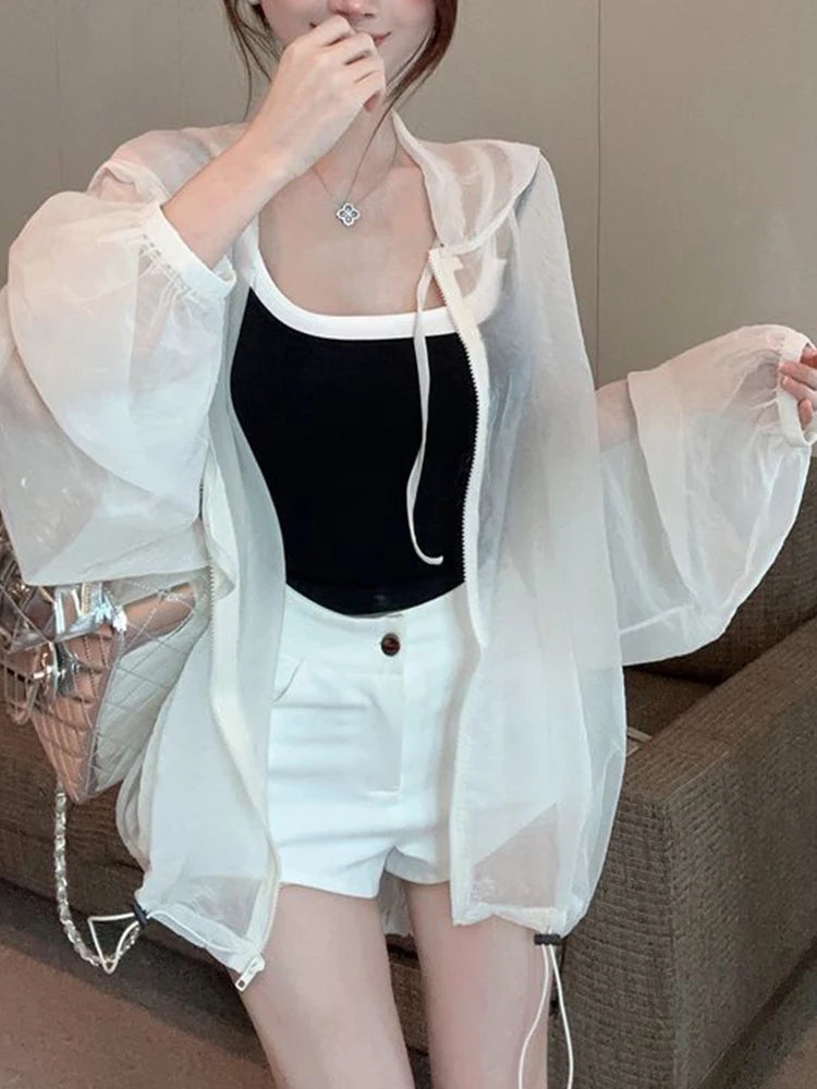 Aoaiiys Thin Coat Women Fashion Casual Sun Protection Jacket Tops See Through Hooded Coats Summer 2026 New Loose Female Tops