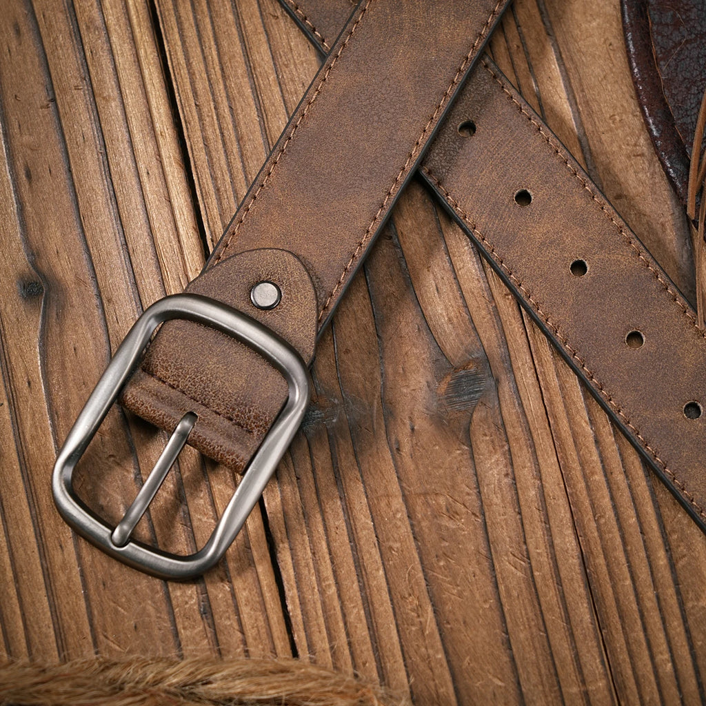 Men - Women - Western Denim - PU Leather - Belt - Vintage Jeans with Carved Buckle Brown Belt