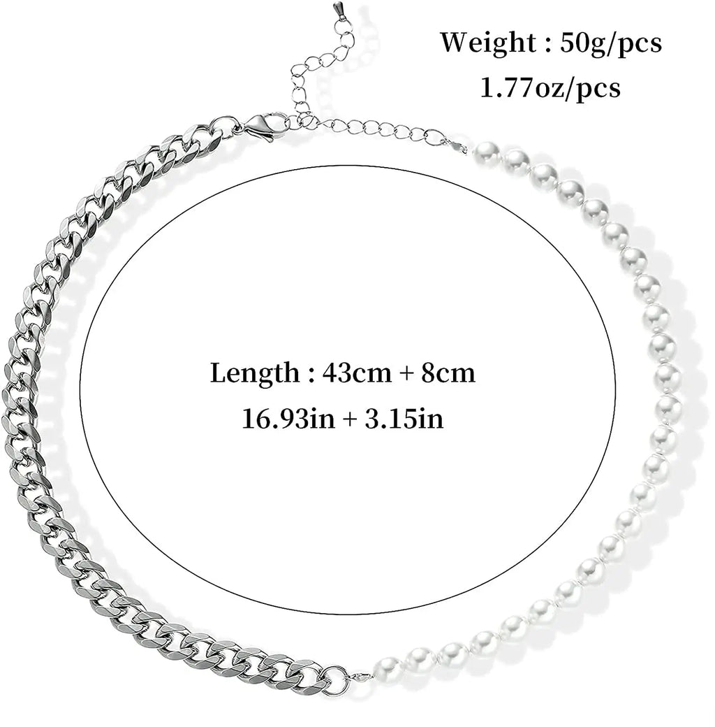 Pearl Necklace for Men-Half Pearl Half Chain Necklaces Cuban Link Chains for Men Stainless Steel Jewelry
