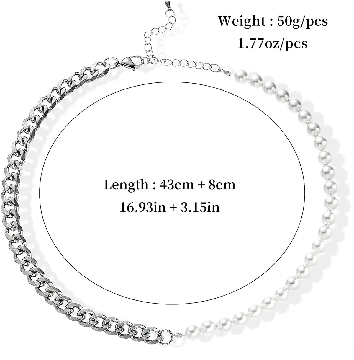 Pearl Necklace for Men-Half Pearl Half Chain Necklaces Cuban Link Chains for Men Stainless Steel Jewelry