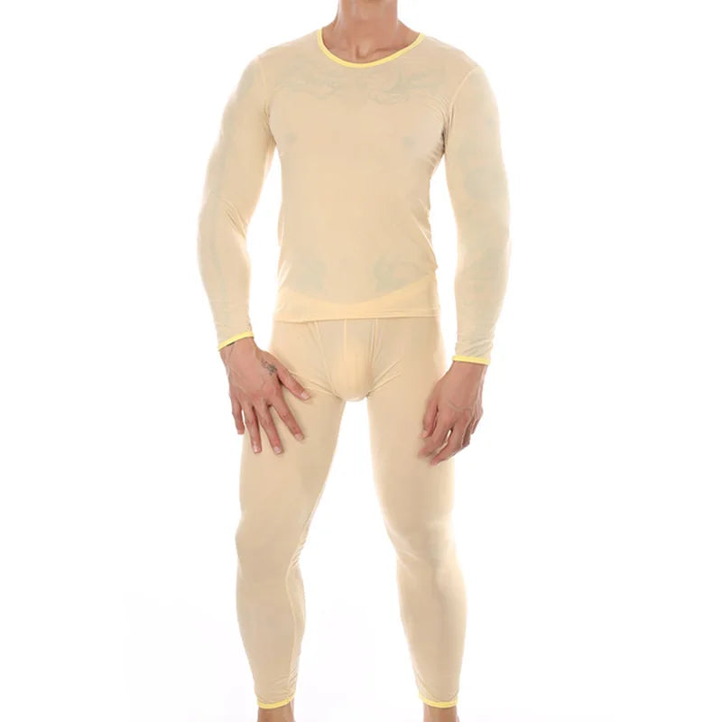 Men's Sexy Transparent Underwear Arrangement Sheer Ultra-Thin Seamless Warm Long Johns Ice Silk Comfortable Long Pajama Set