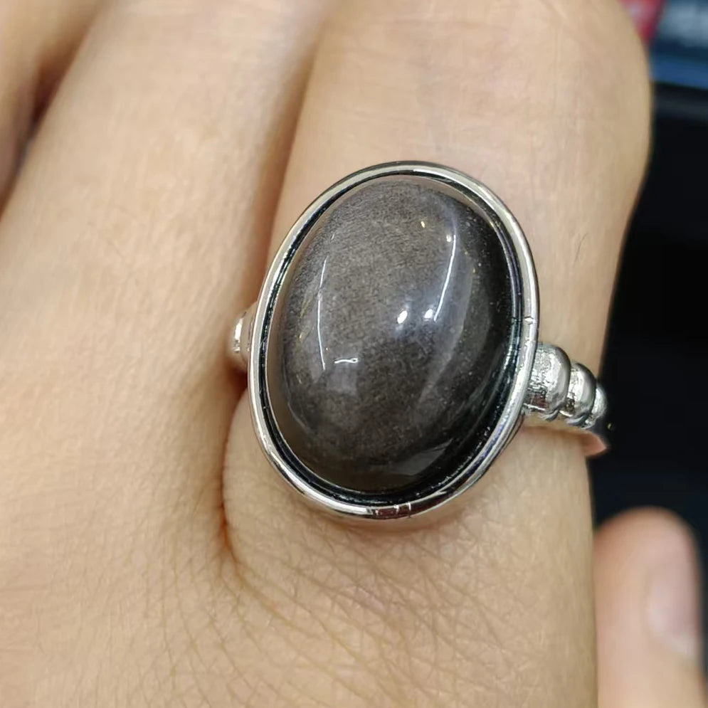 100% natural gemstone silver obsidian gold obsidian ring for men adjustable copper-plated silver rings jewelry gift