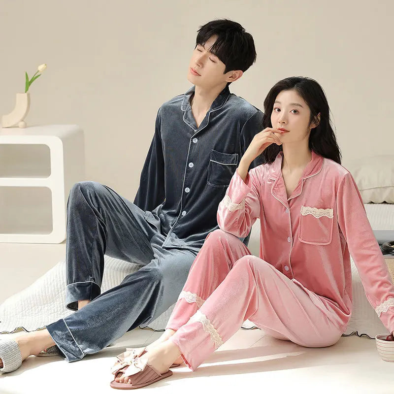 New Couple Pajamas for Women Spring Autumn Winter Gold Velvet Red Bridal Wedding Home Suit Set for Men and Women Set
