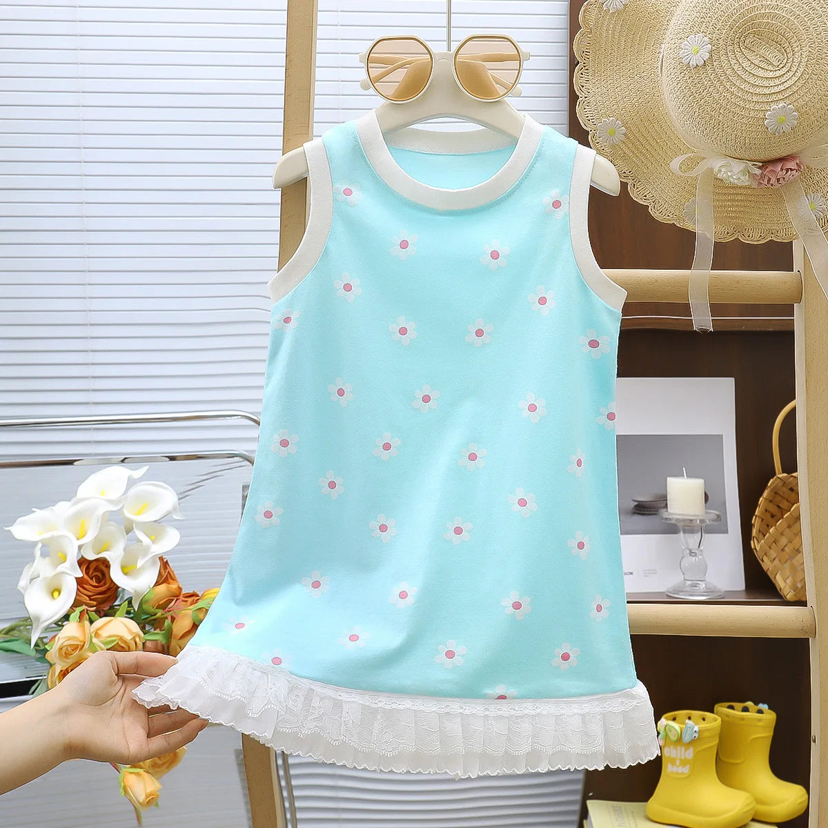 Girls Casual Dresses Little Daisy Printed Lace Sleeveless Dress Kids Dresses for Girls 1 To 5 Years Flower Girl Dresses Weddings