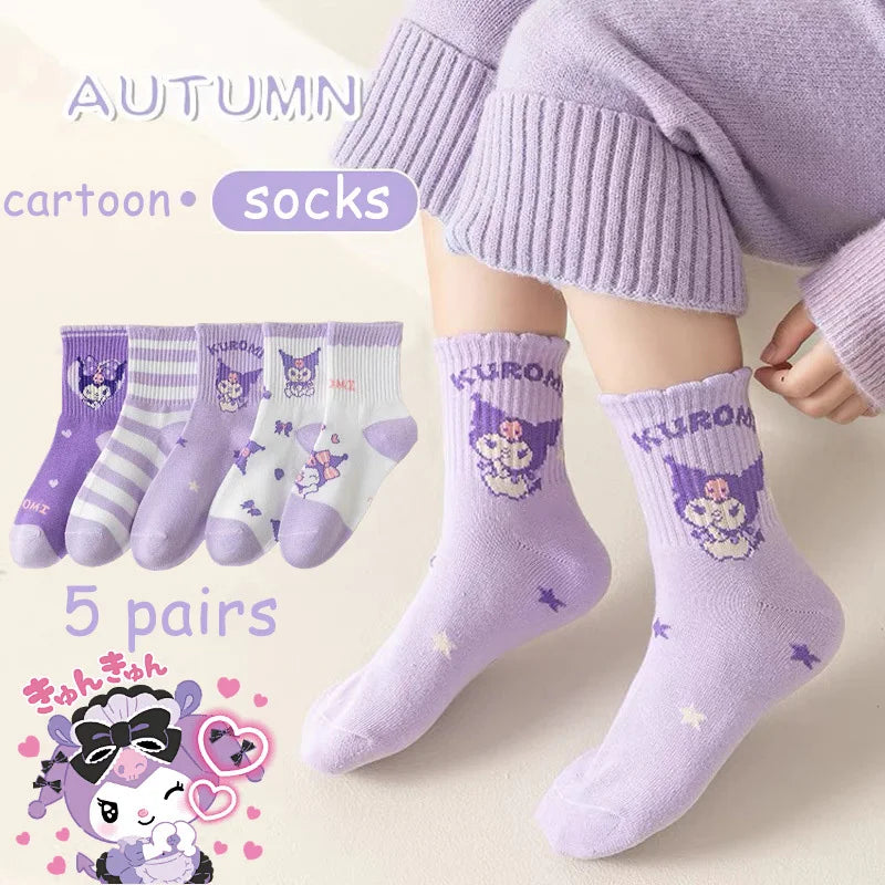 5 Pairs Kuromi Kids Socks Autumn Winter Cute Cartoon Crew Socks for Girls Kawaii Socks