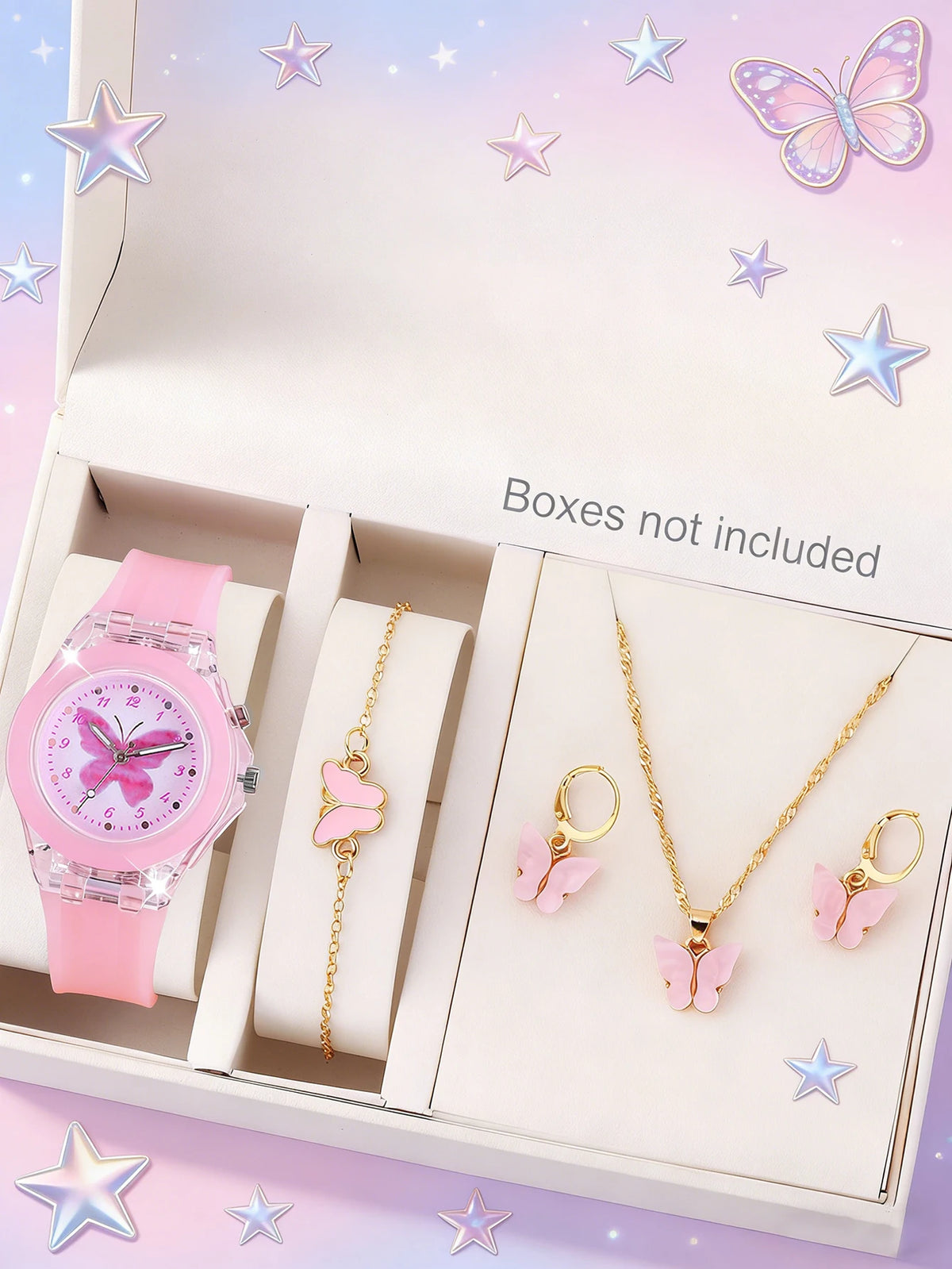 Children's Butterfly Watch And Jewelry Set Birthday Gift Unisex Cute Butterfly Theme Accessory Kit for Kids (No Box Included)
