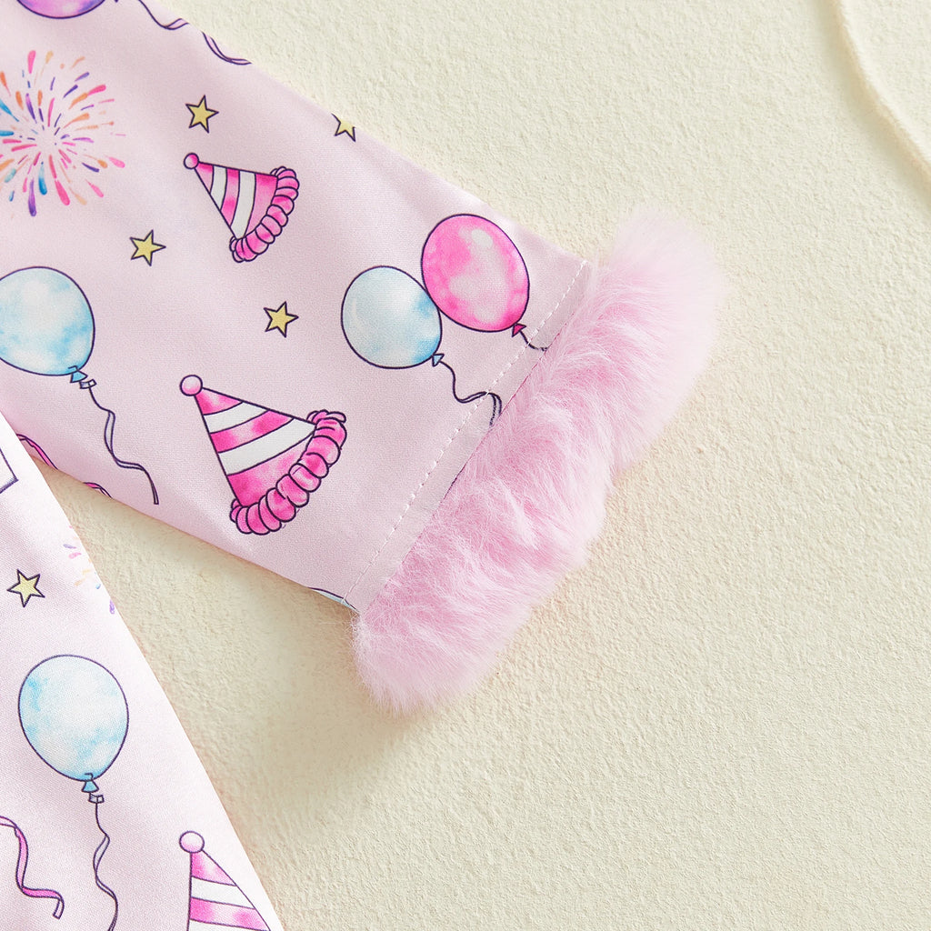 Birthday Toddler Baby Girls Pajama Sets Spring Loungewear Long Sleeve Lapel Button Cake Balloon Print Shirt Pant Sleepwear