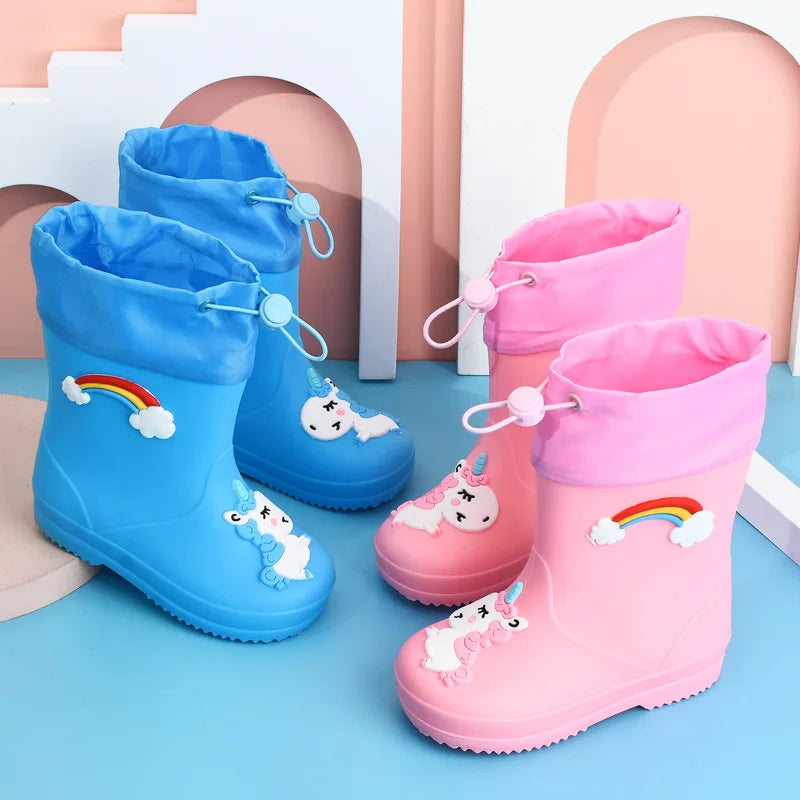 New Kids Rain Boots Boys Girls Rainbow Water Shoes Toddlers Garden Shoes Kids Cartoon Drawstring Non-Slip Rain Boots Comfortable